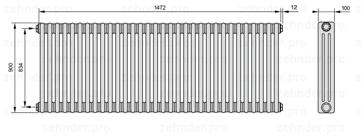 Схема (чертеж) Радиатор Zehnder Charleston 3090/32 №1270 Белый глянцевый RAL 9016